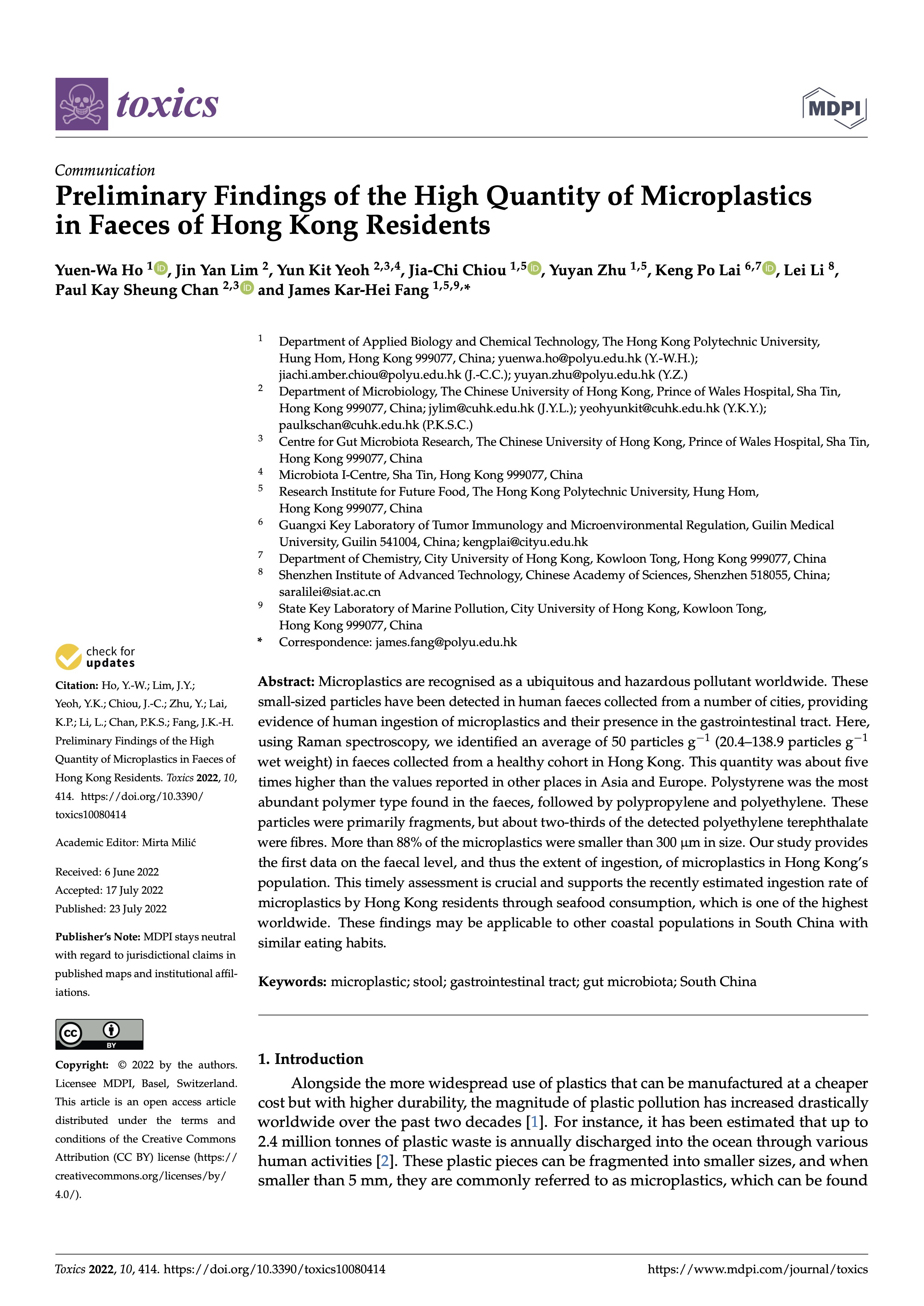 Ho et al. 2022 – Faecal microplastics in Hong Kong residents